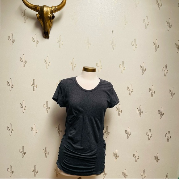 Athleta Womens Heathered Gray Short Sleeve Ruched Cinched Top SIze L Large - Picture 1 of 8